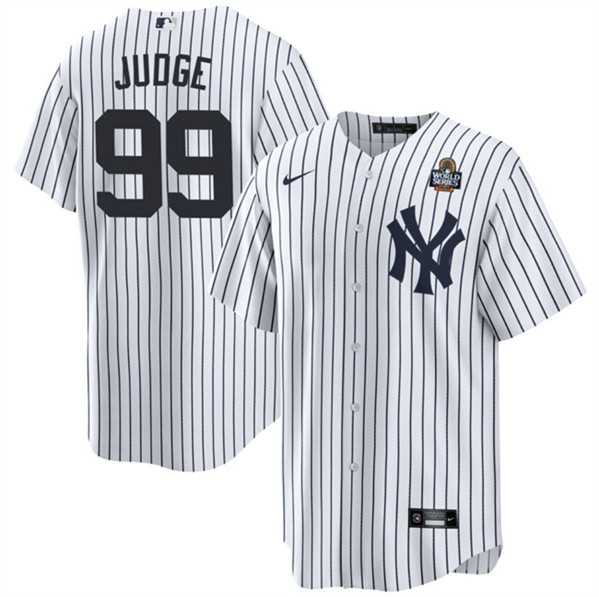 Mens New York Yankees #99 Aaron Judge White 2024 World Series With Name Cool Base Stitched Jersey Dzhi